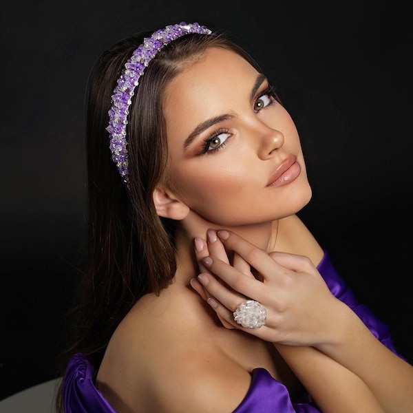 Purple wedding tiara headband, purple crystal headband, purple crystal crown for lilac wedding.