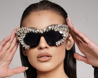 Rave  rhinestone glasses , designer sunglasses woman. Bling sunglasses disco festival.