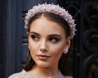 Dusty pink crown, dainty headband for blush pink wedding.Dusty pink bridal headband