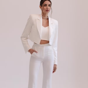 White  pantsuit womens 3 piece suit with cropped jacket and crop top. Wedding guest suit, office wear.