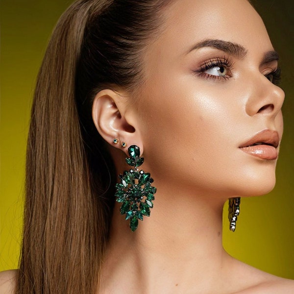 Green Chandelier earrings, Crystal pageant earrings, black, gold Wedding Earrings