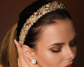 Gold bridal headband, gold crystal tiara,  bachelorette crown, art deco tiara