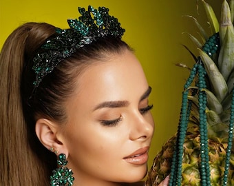 Handmade Emerald Green Crystal Crown, Bridal Leaf Tiara