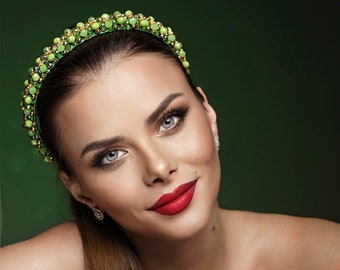 Lime green headband, crystal tiara, bejeweled headband for light green wedding. Formal hair accessories