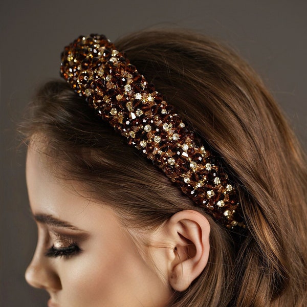 Bronze bridal crown,  bejeweled headband, brown crystal headpiece, Crystal headband. Baroque crown. Brown wedding headband