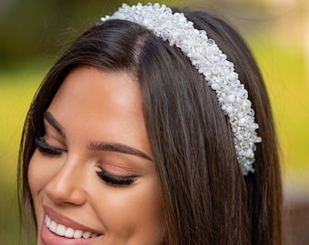 White bridal headband, crystal wedding hair piece. Alice headband