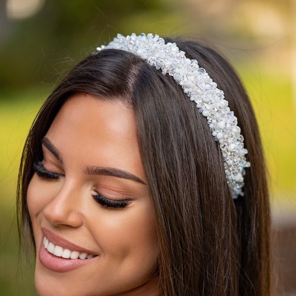 Bandeau de mariée blanc, pièce de cheveux de mariage en cristal. Bandeau Alice