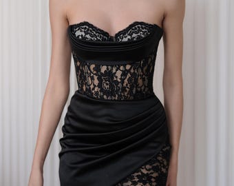 Black Corset Draped Dress - Etsy