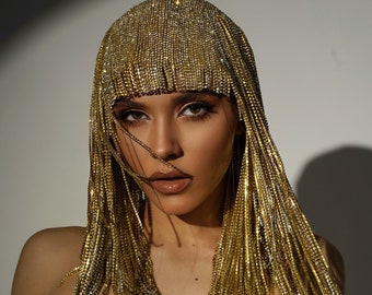 Cleopatra  headpiece rhinestone wig. Gold chain of the Egyptian headpiece for burning a person. Goddess crown.