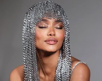 Metal Silver wig head chain headpiece. Burning man cosplay wig festival accessories. Cleopatra rave outfit.