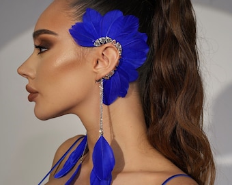 Ear cuff azul rey, ear cuff de plumas y gargantilla de plumas, ear cuff de hada. Accesorios para rave de alas