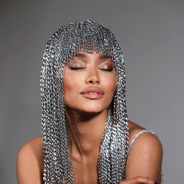 Metal Silver wig head chain headpiece. Burning man cosplay wig festival accessories. Cleopatra rave outfit.