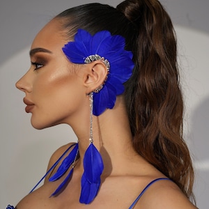 Royal blue ear cuff, feather ear cuff and feather choker, fairy ear cuff. Wing rave accessories