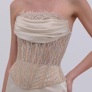 Draped Bridal corset top, short wedding dress two piece: Beige corset and skirt set.Lace  Bridal separates. Graduation outfit.