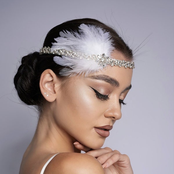 Flapper headpiece. Great gatsby headpiece. White Feather headband forehead jewelry. 1920s headpiece.