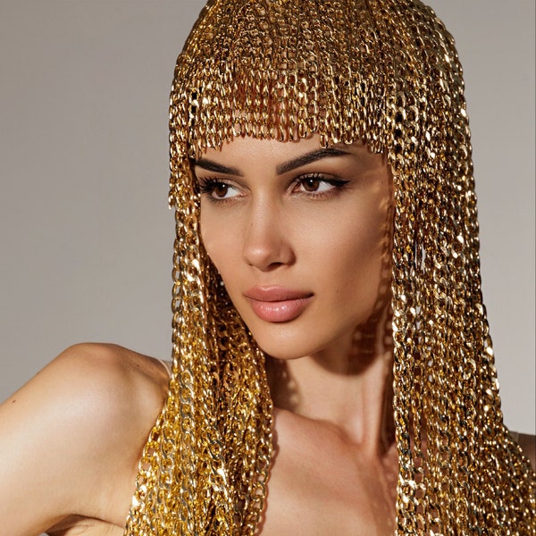 Cleopatra wig is a festival headdress,  goddess crown. Gold Rave head Chain . Cosplay Wig. Egyptian headdress.