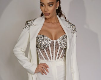 White womens pant suit , bridal suit, dressy pant suits three piece with rhinestone embroidery.