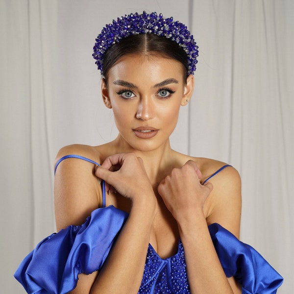 Bejeweled headband, blue crown, blue bridal headband, fashion crystal crown for royal blue wedding.