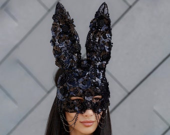 Black Bunny Masquerade mask with chains. Halloween mask burlesque, carnival mask.