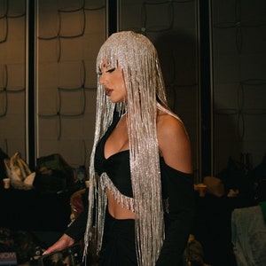 Extra long silver wig cosplay wig cleopatra wig. Festival rhinestone headpiece.