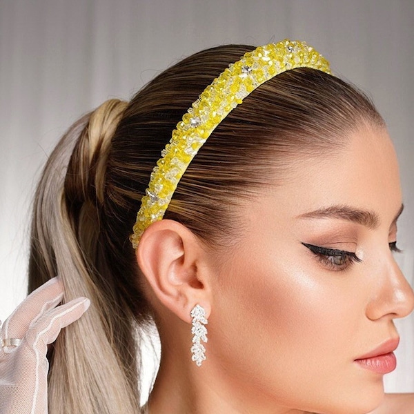 Yellow tiara headband, lemon crystal wedding headband, beaded tiara. Summer hair accessories.