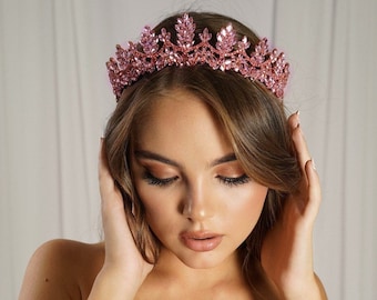 Dusty pink crown, rose gold crown, crystal tiara for women, rhinestone tiara. Queen crown.