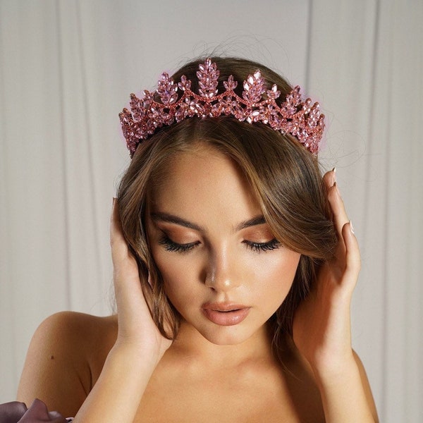 Dusty pink crown, rose gold crown, crystal tiara for women, rhinestone tiara. Queen crown.