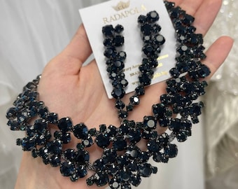Zwarte set bruidsketting en oorbellen Strass ketting bling sieradenset Goth bruiloft. Regency formele ketting.