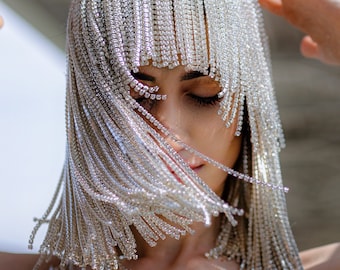 Silver  wig. rhinestone headpiece cleopatra wig, cosplay wig burning man festival chain headpiece.