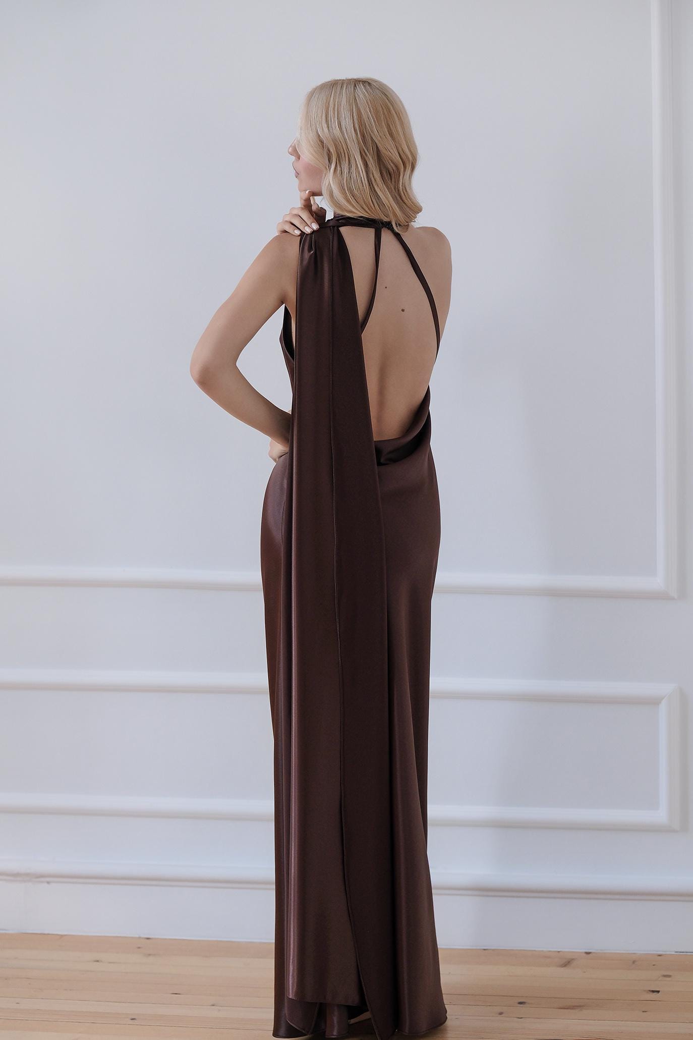 sachin and babi light blue dress Chocolate Brown Satin Slip Dress with Scarf. Cocktail Maxi Dress. Open Back Dress