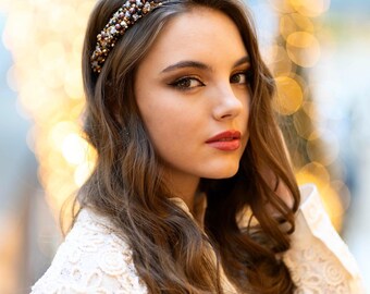 Tiara Golden Crown Vintage Branch Pearl Lolita Rhinestone
