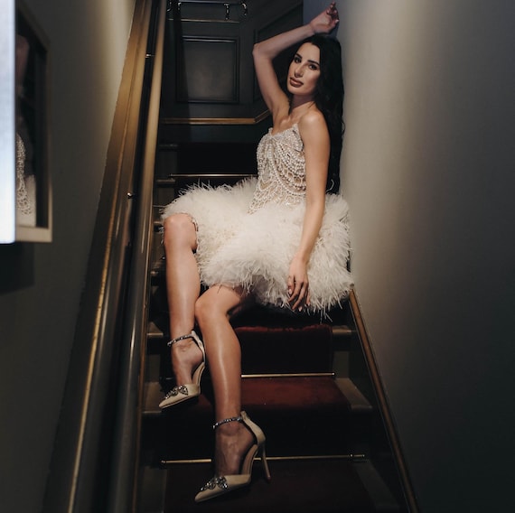 ballerina style cocktail dress Pearl Corset Dress, Tulle Feather Skirt Dress. Short Wedding Dress. Ballerina  Prom Dress