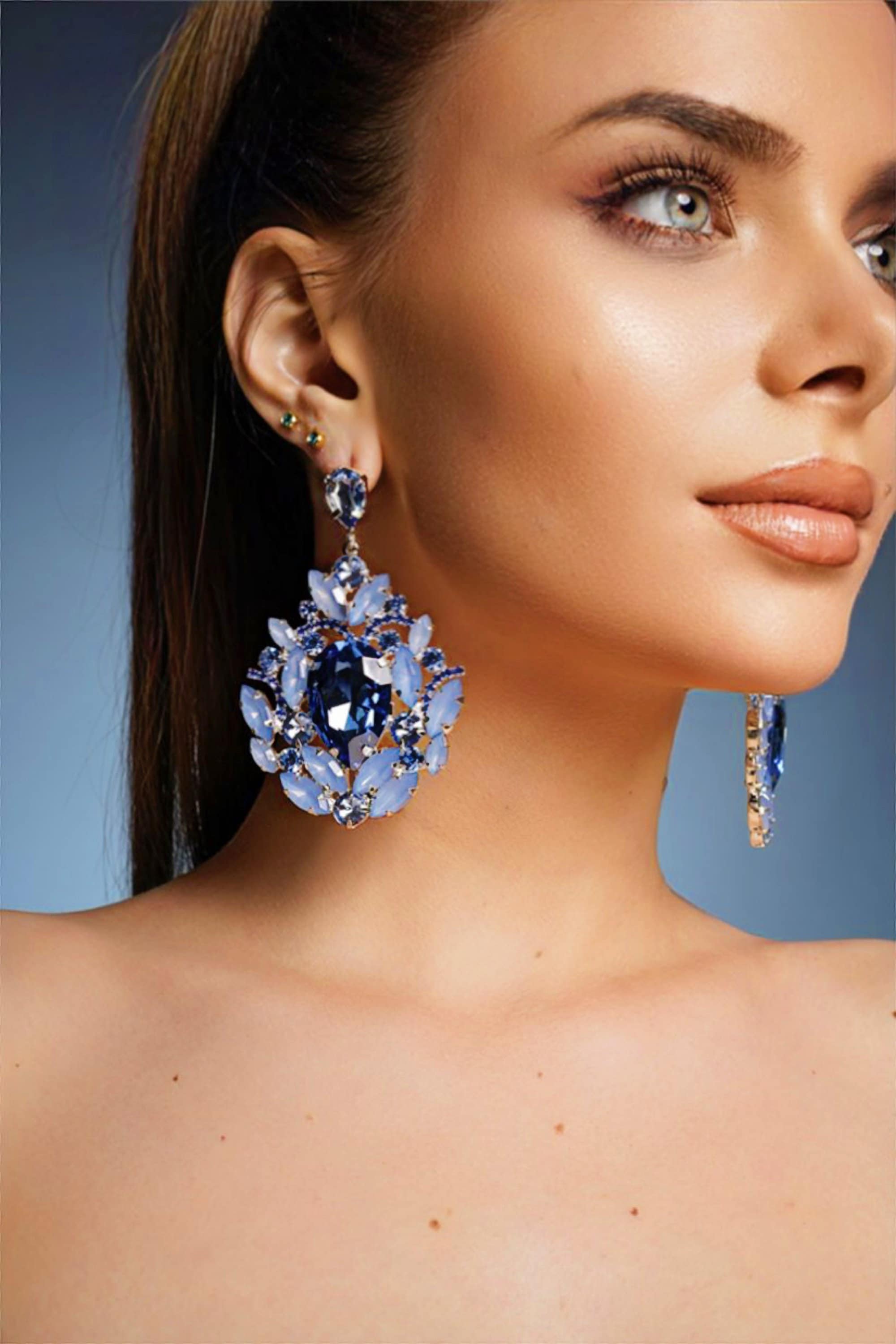 Blue pageant earrings, oversized chandelier earrings. Rhinestone earrings, Black, Blue wedding earrings