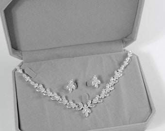 Bridal necklace earrings set. CZ Rhinestone necklace. Dainty necklace prom bridal accessory.