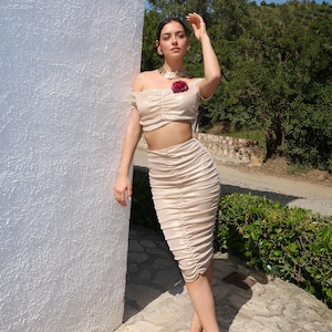 Gold crop top and Ruched skirt Two Piece Set. Off shoulder top for formal cocktail outfit.