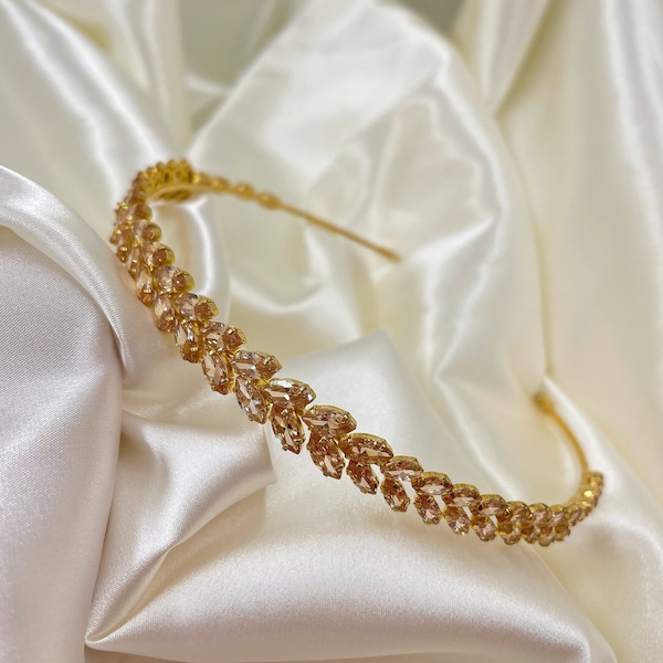 Gold diadem,crystal wedding tiara. Gold crystal tiara, bridal tiara headband. Zirconium formal headband.