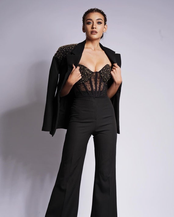 Black Dressy Pant Suits 3 Piece, Evening Pant Suit Woman With Crystal Corset,  Jacket and Pants. Women Formal Wear is Black Suit. 