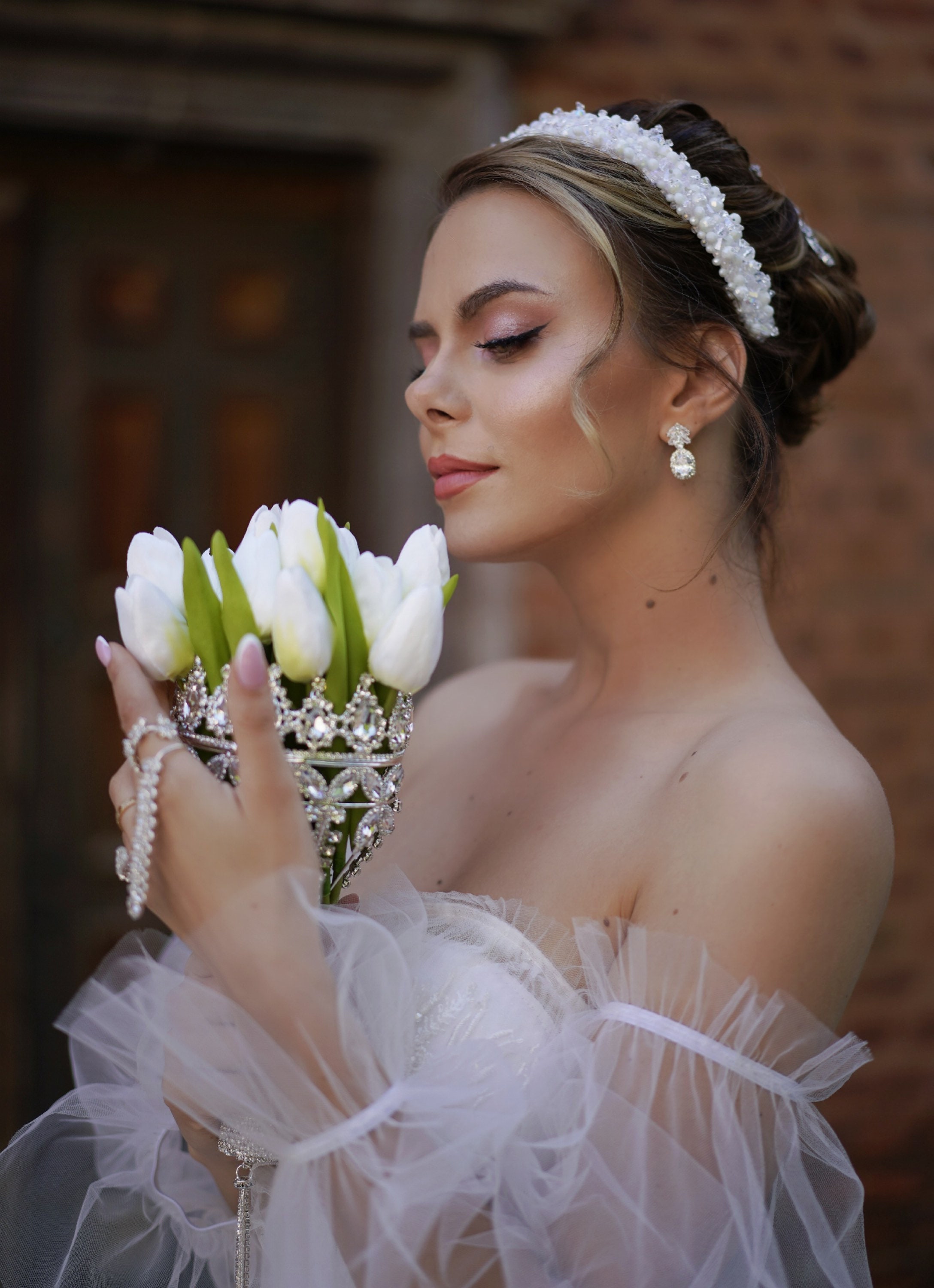 Cerchietto Sposa Con Fiori, Perle E Cristalli GORAIS, Accessorio Capelli Per Matrimonio, Lunghezza 36 Cm