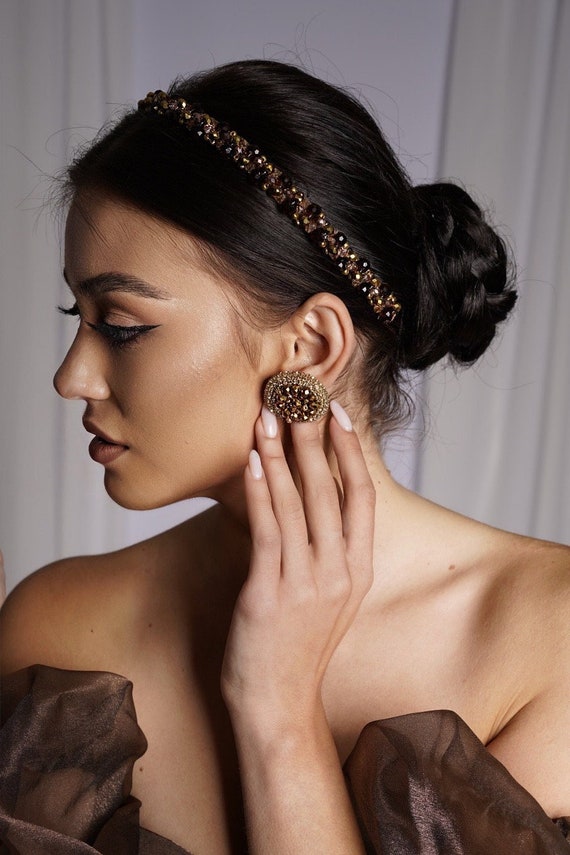 Bronze Crystal Headband, Thin Crystal Headband. Brown Pearl  display picture 2