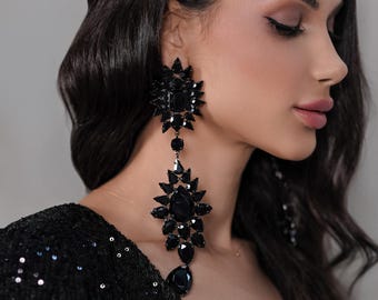 Rhinestone oversized earrings. Black chandelier earrings. Extra long pageant earrings.