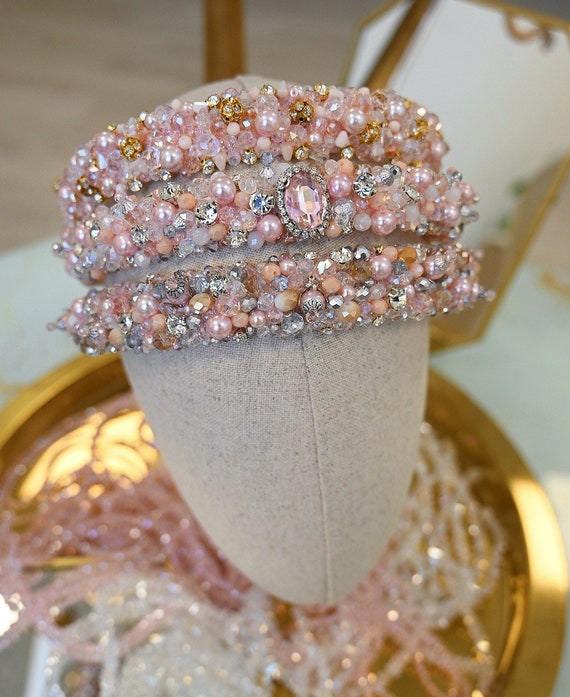 Rose-Pink Jeweled Tiara Headband Rose Pink Beaded Headband: Jeweled Crystal Embroidered Tiara  main image 4