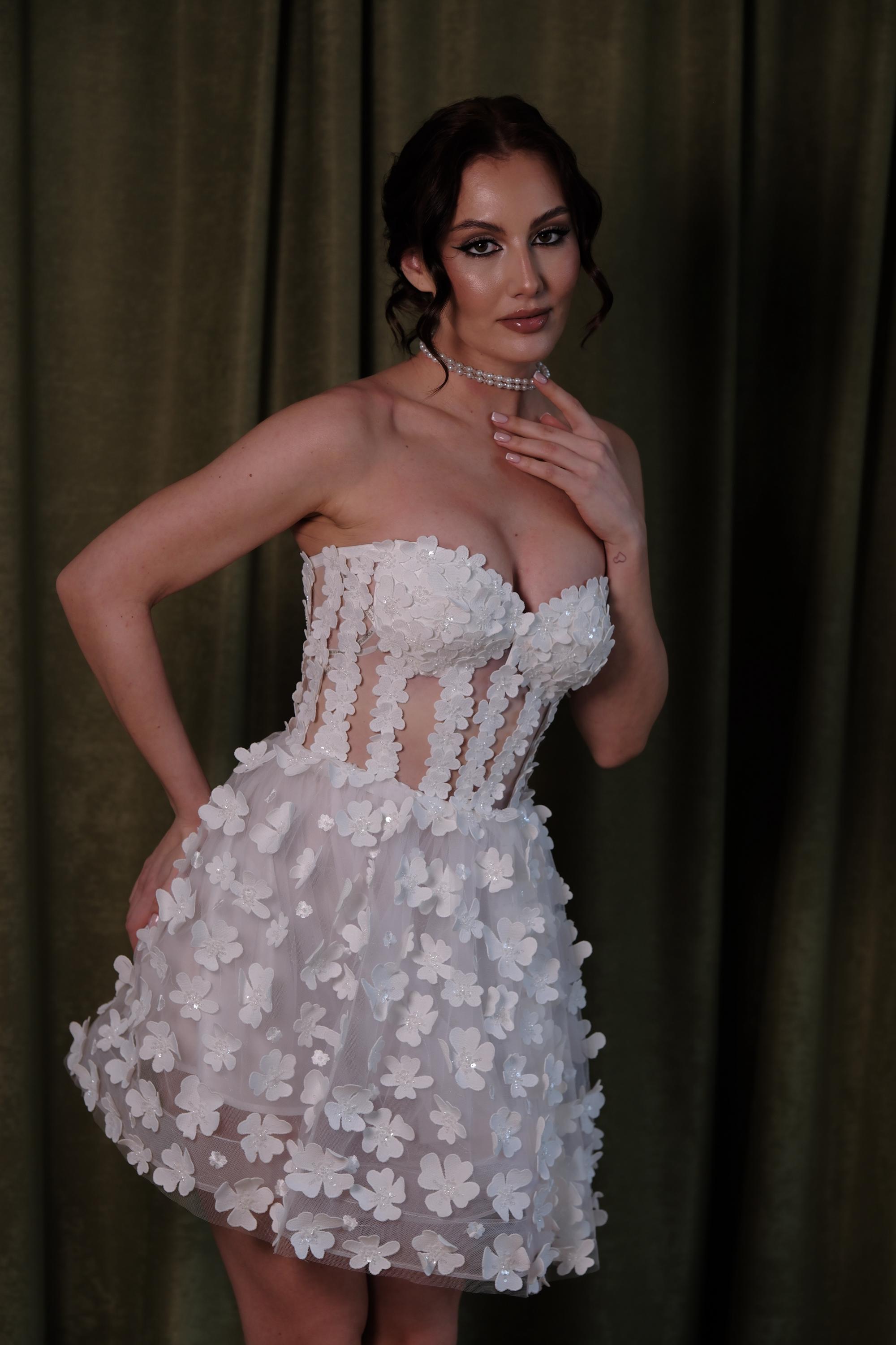 Wedding dress corset with 3D flowers, transparent cocktail dress. Short engagement dress off the shoulder.