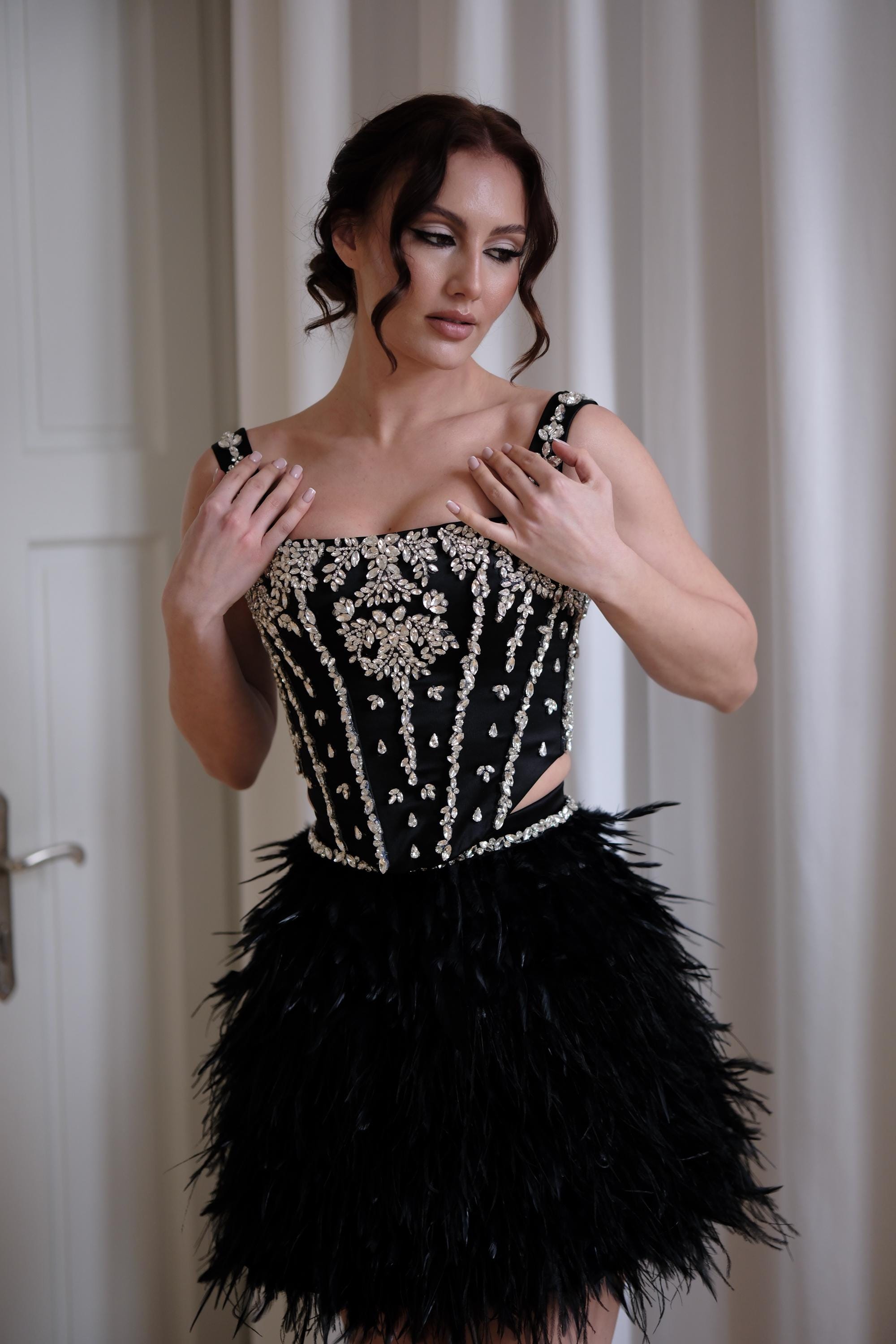 Elitsa Black Glitter Feather Embellished Corset and Ruffled Midi Skirt Set CL main image 1