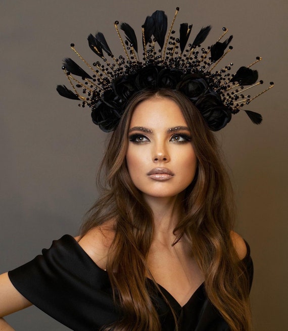 Black Halo Crown Black Feather Crown, , Gothic Crown, Witch  display picture 1
