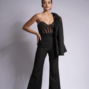 Black Dressy Pant Suits 3 Piece, Evening Pant Suit Woman With Crystal ...