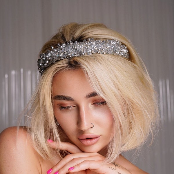 Silver Crystal headband, wedding headpiece, bejeweled headband, princess tiara.