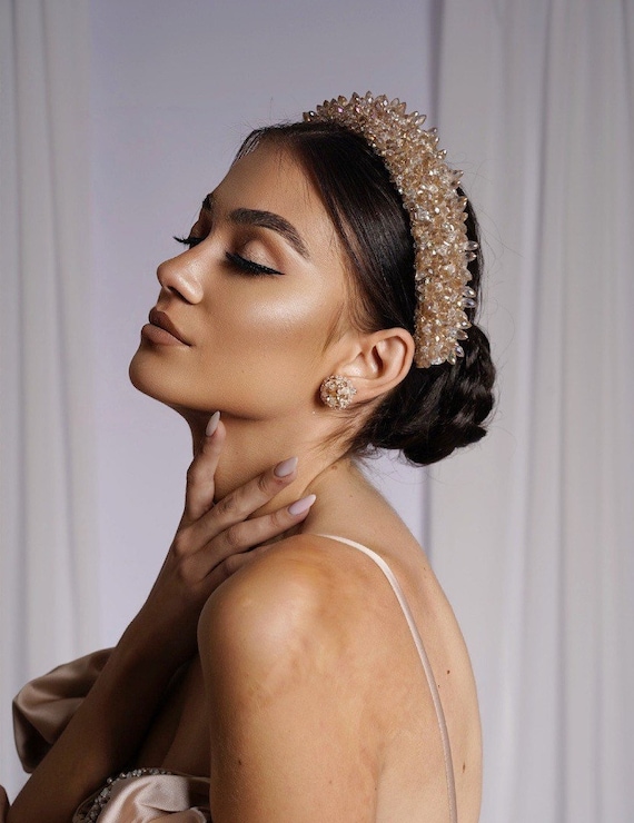 Champagne wedding headband, crystal tiara crown, rose gold headband, peach headband.