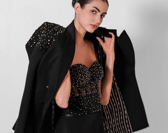 Black dressy pant suits 3 piece, evening pant suit woman with crystal corset, jacket and pants. women formal wear is black suit.