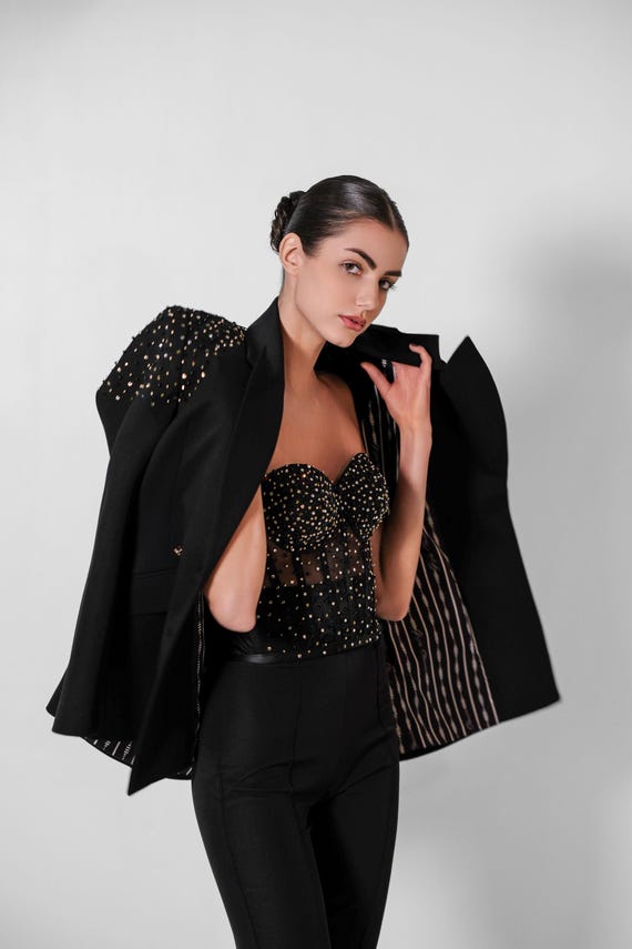 Black Dressy Pant Suits 3 Piece, Evening Pant Suit Woman With Crystal  Corset, Jacket and Pants. Women Formal Wear is Black Suit. - Etsy Canada