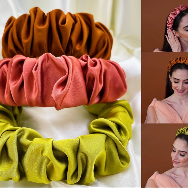 Ruched Satin headband Wide pink green rust headband, Satin headband, silk  padded headband.